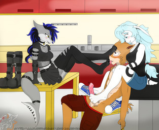 4_toes alternative_fashion anthro barefoot bench black_hair blue_hair blush bodily_fluids boots boots_removed bottomwear bottomwear_down breasts chair clothed clothing converse_shoes dark erection feet female fingers fishnet_clothing foot_fetish foot_lick foot_play foot_sniffing footjob footwear fur furgonomics furniture genital_fluids genitals goth group group_sex hair highlights_(coloring) kitchen knee_highs knee_socks legwear licking loose_footwear male male/female multicolored_body multicolored_fur multicolored_hair no_socks non-mammal_breasts partially_clothed penile penis precum precum_on_penis sex shoe_dangle shoes shoes_removed shorts shorts_down sitting skirt sniffing socks spread_toes stockings table tail tail_through_skirt threesome toes tongue tongue_out two_tone_body two_tone_fur two_tone_hair vein veiny_penis white_body white_fur jhowratao cassius_thylacine sasha_(sashashark) aquatic canid canine dasyuromorph fish fox mammal marsupial recently_extinct_species shark thylacine