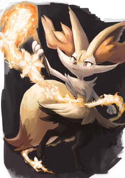 3_fingers :3 ambiguous_anthro ambiguous_gender anthro arm_tuft big_tail biped black_body black_fur blush cheek_tuft chest_tuft dipstick_tail dutch_angle elemental_manipulation eyelashes facial_tuft fingers fire fire_manipulation flat_chested front_view fur hip_tuft holding_object holding_stick inner_ear_fluff magic markings multicolored_body multicolored_fur nude_ambiguous nude_anthro orange_body orange_eyes orange_fur orange_inner_ear_fluff orange_nose orange_tail_tip pointy_ears prick_ears raised_arm shoulder_tuft simple_background smile snout solo standing stick tail tail_markings tuft two_tone_tail white_body white_fur yellow_body yellow_fur yellow_tail ikei nintendo pokemon braixen canid generation_6_pokemon mammal pokemon_(species) 2020 colored digital_media_(artwork) digital_painting_(artwork) full-length_portrait hi_res painting_(artwork) portrait shaded signature