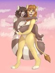 anthro blush brown_body brown_fur brown_hair carrying_another carrying_partner chest_tuft cloud countershading duo eyes_closed female fur hair happy hug male male/female multicolored_body multicolored_fur one_eye_closed open_mouth open_smile smile standing star tan_body tan_fur tuft two_tone_body two_tone_fur white_body white_countershading white_fur freda_b jet_the_lion mavi ailurid felid lion mammal pantherine red_panda hi_res