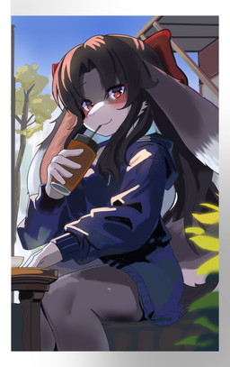 accessory anthro beverage blue_clothing blue_shirt blue_topwear brown_body brown_fur brown_hair closed_smile clothed clothing countershading dipstick_ears ear_markings female floppy_ears front_view fully_clothed fur hair hair_accessory hair_ribbon holding_beverage holding_object long_ears looking_at_viewer markings mouth_closed multicolored_ears outside red_eyes ribbons shirt sitting smile solo topwear kemo_yuki lagomorph leporid mammal rabbit hi_res