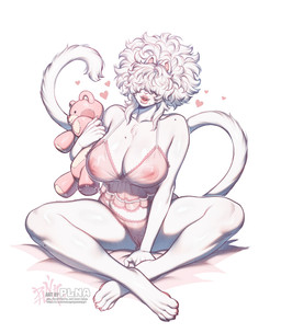 5_fingers anthro big_breasts biped breasts clothing female fingers fur hair lingerie plushie simple_background solo tail text translucent translucent_clothing white_background white_body white_fur white_hair plna unknown_species hi_res url