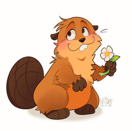 3_fingers 3_toes :3 ambiguous_gender biped blush brown_body brown_eyes brown_fur brown_nose brown_tail buckteeth countershade_fur countershading feet feral fingers flower fur holding_flower holding_object holding_plant logo looking_up paws plant simple_background smile solo standing tail teeth toes white_background honeypaws_art disney hoppers_(disney) pixar mabel_tanaka beaver mammal rodent artist_logo hi_res