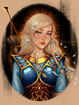 abstract_background accessory adolescent armor bow_(weapon) braided_hair clothed clothed_female clothed_humanoid clothing daisy_(flower) falling_petals female female_adolescent flower flower_in_hair fully_clothed fully_clothed_female fully_clothed_humanoid green_eyes hair hair_accessory hairband humanoid_pointy_ears long_hair not_furry petals plant pointy_ears quiver_(object) ranged_weapon solo tan_hair weapon young young_female young_humanoid elasprin sacred_(video_game) sacred_(video_game_series) thq_nordic maegalcarwen elf humanoid wood_elf 2021 3:4 absurd_res bust_portrait dated digital_media_(artwork) hi_res portrait signature adult_(lore)