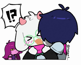 2_horns >_< ambiguous_gender anthro being_watched biped blue_body blue_hair blue_skin blush blush_lines clothed clothing cute_fangs duo_focus eyes_closed eyewear fangs female floppy_ears flustered fur glasses group hair head_tuft horn hug hugging_another interrobang looking_at_another male nuzzling open_mouth pink_body pink_hair pink_horn pink_scales scales scarf simple_background speech_bubble teeth trio tuft wearing_glasses white_background white_body white_fur yellow_sclera 7080at deltarune undertale_(series) kris_dreemurr ralsei susie_(deltarune) bovid caprine darkner goat human mammal scalie 2026 animated digital_drawing_(artwork) digital_media_(artwork) frame_by_frame japanese_description loop signature