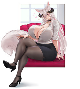 big_breasts big_tail black_choker black_horn black_jewelry black_necklace border breasts choker cleavage clothed clothing cross cross_necklace curvy_figure ears_up female furniture glistening glistening_body hair horn huge_breasts inner_ear_fluff jewelry legwear long_hair looking_at_viewer necklace pantyhose purple_eyes sitting sofa solo tail thick_thighs tuft white_border white_hair white_tail wide_hips nastart animal_humanoid canid canid_humanoid canine canine_humanoid fox fox_humanoid humanoid mammal mammal_humanoid hi_res