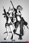 amora_the_t-rex anthro anthrosaurs artist_logo barrett_m82a1 breasts bull_terrier canid canine canis claws desert_eagle digital_media_(artwork) dinosaur domestic_dog duo female fn_scar glock gun handgun hi_res hunting_dog logo looking_at_viewer m249 mammal monochrome nipples non-mammal_breasts p90 pistol predaguy prehistoric_species ranged_weapon reptile scalie smile submachine_gun terrier text theropod tyrannosaurid tyrannosauroid tyrannosaurus tyrannosaurus_rex url weapon