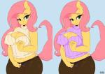 anthro anthrofied big_breasts breasts cleavage cleavage_cutout clothed clothing cutout equid equine female fluttershy_(mlp) friendship_is_magic hasbro hi_res horse keyhole_turtleneck loopend mammal my_little_pony pony simple_background solo sweater topwear turtleneck