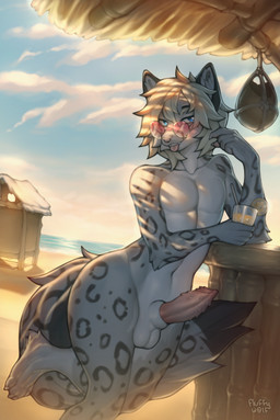 animal_genitalia animal_penis anthro balls bangs beach blonde_hair blue_eyes claws cloud cloudy_sky collarbone day erection eyewear feline_genitalia feline_penis fur genitals grey_body grey_fur hair half-closed_eyes holding_glass holding_object inner_ear_fluff looking_away male markings narrowed_eyes navel nude on_one_leg outside penile_spines penis pink_eyewear pink_nose pink_sunglasses pink_tongue sea short_hair sky solo spots spotted_body spotted_fur standing sunglasses tail teeth tongue tongue_out tuft water white_claws fluffyw0lf felid mammal pantherine snow_leopard 2025 colored digital_drawing_(artwork) digital_media_(artwork) hi_res shaded