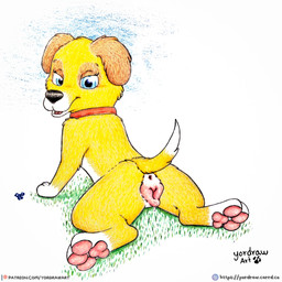 3_toes animal_genitalia animal_vulva anus black_nose blue_eyes bodily_fluids butt butt_focus canine_genitalia canine_vulva collar feet female feral flower fur genital_fluids genitals grass patreon_logo pawpads paws pink_pawpads pink_vulva plant sitting smile smiling_at_viewer solo spread_legs spreading text toes vaginal_fluids vulva yellow_body yellow_fur yordraw martha_speaks patreon martha_lorraine canid canine canis domestic_dog mammal 1:1 hi_res traditional_media_(artwork) url