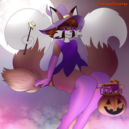 2_tails alternative_fashion anthro big_tail biped brown_body brown_fur candy chocolate chocolate_bar clothing costume decoration dessert femboy food fruit full_moon fur goth halloween_costume hat headgear headwear holidays legs_together magic male male_anthro moon multi_tail naughty_face night plant pumpkin purple_eyes sky smile solo spiral star tail thick_thighs wand white_body white_fur witch_costume witch_hat normannsfw halloween normanthefox canid canine fox mammal 1:1 absurd_res hi_res