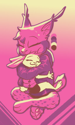 ambiguous_anthro ambiguous_gender anthro clothed clothed_anthro clothing color_swatch duo ear_tuft feet fully_clothed fully_clothed_anthro fur gradient_background hindpaw hug inner_ear_fluff markings pawpads paws simple_background spots spotted_body spotted_fur tuft theblueberrycarrots elote_(enginetrap) marc_(theblueberrycarrots) felid feline lagomorph leporid lynx mammal rabbit digital_drawing_(artwork) digital_media_(artwork) restricted_palette source_request female_(lore) male_(lore)