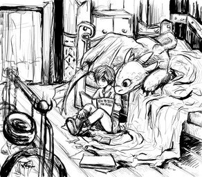 bed book boots building cauldron claws clothing door duo feral footwear furniture house inside male membrane_(anatomy) membranous_wings reading shoes sitting smile tail wings writing_text kadeart dreamworks european_mythology how_to_train_your_dragon mythology hiccup_horrendous_haddock_iii toothless dragon fury_(httyd) human mammal mythological_creature mythological_scalie night_fury scalie western_dragon 2011 black_and_white monochrome sketch source_request unavailable_at_source