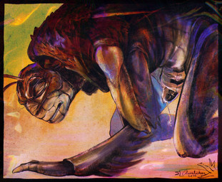 abstract_background antennae_(anatomy) anthro arm_spikes black_border black_penis bodily_fluids border brown_antennae brown_body clenched_teeth dripping eyes_closed genital_fluids genitals holding_own_penis holding_penis kneeling male masturbation multicolored_body penis precum precum_drip red_body solo spikes spikes_(anatomy) tan_body teeth text the_dawner a_bug's_life disney pixar hopper_(a_bug's_life) arthropod grasshopper insect orthopterid 2024 artist_name colorful_theme dated digital_drawing_(artwork) digital_media_(artwork) english_description hi_res procreate_(artwork)