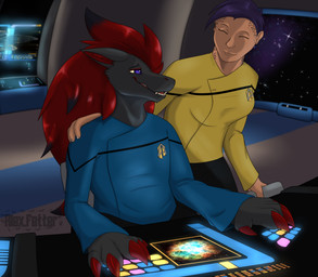 claws computer electronics female hair inside male purple_eyes purple_hair red_hair space teeth alex.fetter nintendo pokemon star_trek jeraddo_(alex.fetter) lara_daan_(alex.fetter) alien generation_5_pokemon humanoid pokemon_(species) trill_(star_trek) zoroark absurd_res hi_res