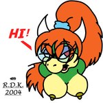 accessory anthro biped breasts clothed clothing dialogue eyewear female glasses hair hair_accessory horn nipples nude open_mouth outline ponytail red_hair solo text topless reddragonkan mario_bros nintendo koopa scalie 1:1 digital_media_(artwork) english_text low_res