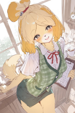 anthro beverage black_eyes blonde_hair blush bottomwear bow_ribbon clothed clothed_anthro clothed_female clothing coffee coffee_mug female fluffy fluffy_tail fur hair happy holding_object leaning leaning_forward looking_at_viewer open_mouth ponytail short_hair short_tail skirt solo tail window yellow_body yellow_fur klopsiak animal_crossing nintendo isabelle_(animal_crossing) canid canine canis domestic_dog mammal shih_tzu toy_dog absurd_res hi_res