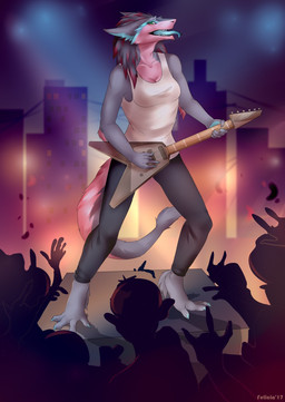 4_toes 5_fingers barefoot blue_tongue breasts cleavage clothed clothing detailed_background electric_guitar feet female fingers fur grey_body grey_fur grey_hair group guitar hair musical_instrument open_mouth playing_guitar playing_music plucked_string_instrument string_instrument tail teeth toes tongue felicia_cat sergal 2017 hi_res