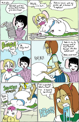 abdominal_bulge anthro asian_clothing bandeau belly big_belly big_breasts black_hair bloated blonde_hair bodily_fluids bottomless bottomwear breasts brown_body brown_fur brown_hair burping clothed clothing crop_top dialogue dripping drooling east_asian_clothing female fur group hair huge_belly japanese_clothing japanese_school_uniform nipples overweight saliva saliva_drip school_uniform serafuku shirt skirt speech_bubble stuffing sweater text topwear trio turtleneck uniform white_body white_fur s.sakurai felid mammal mouse murid murine rodent comic english_text