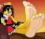 4_toes anthro armchair black_hair chair countershade_feet countershading feet female foot_focus foot_on_table fur furniture hair humanoid_feet one_eye_closed plantigrade sitting soles solo table toes yellow_body yellow_fur xcosmicfetishx sega sonic_the_fighters sonic_the_hedgehog_(series) honey_the_cat domestic_cat felid feline felis mammal 2023