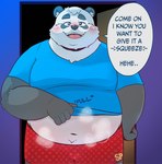 anthro belly big_belly black_body black_nose blush clothed clothing clothing_lift dialogue humanoid_hands male musk navel overweight overweight_male shirt shirt_lift solo text topwear underwear white_body spacepanda bear giant_panda mammal 2023 english_text hi_res