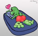 3_toes anthro bed blush bodily_fluids butt clothing drooling feet furniture green_body heart_symbol hindpaw ket-ralus ket_ralus_(character) male passionate paws pillow red_eyes reptile saliva scalie shell-less short simple_background solo toes tortavi turtle underwear white_background