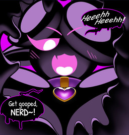 anthro big_arms big_breasts big_hands breasts collar collar_tag dialogue duo female first_person_view gem glistening glistening_body glowing glowing_eyes glowing_gem heart_collar_tag humanoid_pointy_ears latex latex_body latex_skin legless multi_ear pink_background pink_eyes pointy_and_animal_ears pointy_ears pose purple_body purple_skin reflective_body simple_background slime small_tail small_waist smug solo sound_effects speech_bubble tail tail_motion tailwag text wet_sounds sillyseacreatur sound_warning orellia_(sillyseacreatur) goo_creature humanoid latex_creature living_latex animated hi_res loop short_playtime sound video