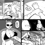 1:1 5_fingers anthro arm_grab athletic athletic_female bar big_breasts bikini biped black_and_white bottomwear bovid breast_grab breasts caprine cheetah clothed clothing comic day dialogue duo ellipsis english_text eyewear felid feline female fingers fully_clothed fully_clothed_male furniture guided_breast_grab hand_on_another's_breast hand_on_breast looking_at_another lyla_(ehs) male mammal monochrome on_stool outside pantherine shirt shorts sitting sitting_on_stool slim slim_male slypon speech_bubble stool sunglasses swimwear t-shirt text thoughts tom_(ehs) topwear