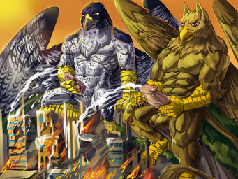 4_toes 5_fingers abs anthro balls beak biceps biped bodily_fluids brown_body brown_fur building building_destruction city city_background city_crushing city_destruction cityscape claws cum cumshot destruction duo ejaculation erection feathered_wings feathers feet finger_claws fingers fire fur genital_fluids genitals humanoid_genitalia landscape_dwarfing macro macro_anthro macro_male male masturbation muscular muscular_anthro muscular_male nude orgasm outside paws pecs penile penile_masturbation penis rampage sitting sitting_on_building sky smile stomping tail toes vein veiny_penis white_body white_fur wings nightarm mythology carpo corvidius_(character) avian bird falcon falconid gryphon mythological_avian mythological_creature hi_res