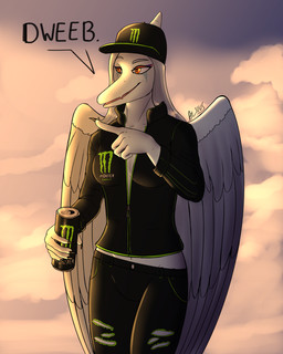 amber_eyes anthro baseball_cap beverage_can black_bottomwear black_clothing black_jacket black_pants black_topwear blue_body bone_frill bottomwear breasts can claws clothed clothed_anthro clothed_female clothing cloud container day dialogue eyebrows feathered_wings feathers female finger_claws fingers frill_(anatomy) front_view gesture grey_body grey_feathers grey_hair hair hand_gesture hat headgear headwear holding_can holding_container holding_object humanoid_hands jacket long_hair markings medium_breasts non-mammal_breasts open_mouth open_smile outside pants pointing raised_eyebrow sky smile solo standing striped_markings stripes talking_to_viewer text topwear torn_bottomwear torn_clothing torn_pants wings alsius_arcticus cavemanon_studios goodbye_volcano_high ko_op_(game_developer) monster_energy snoot_game fang_(gvh) prehistoric_species pterosaur reptile scalie 2024 artist_name colored english_text hi_res portrait shaded three-quarter_portrait