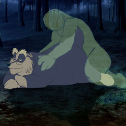 ambiguous_gender anthro detailed_background duo eyewear forest glasses lying male mature_male night nude on_front outside overweight overweight_male plant sex silhouette solo_focus tree joesanchez hanna-barbera once_upon_a_forest cornelius_(ouaf) badger mammal mustelid musteline 1:1 2026 hi_res
