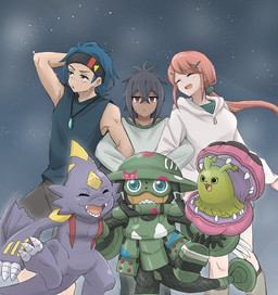 accessory anthro armor bivalve_shell black_hair blue_hair clothing eyewear female feral goggles group hair headband headgear helmet male mollusk_shell pink_hair ponytail shell shirt tank_top topwear kadoko5 bandai_namco digimon digimon_beatbreak granit_(digimon_beatbreak) hotaruko_kanuma raito_souda digimon_(species) human ludomon mammal monodramon scalie syakomon