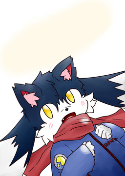 black_body black_fur black_nose blue_clothing blue_shirt blue_topwear blush blush_lines clothing cute_fangs dipstick_ears ear_markings fangs fur hand_on_chest inner_ear_fluff kemono looking_up male multicolored_body multicolored_ears multicolored_fur no_pupils open_mouth red_inner_ear red_scarf scarf shirt solo teeth text topwear tuft two_tone_body two_tone_face two_tone_fur white_body white_fur white_hands white_inner_ear_fluff yellow_eyes yosshi_(yo41) bandai_namco klonoa_(series) pac-man_(series) klonoa pac-man domestic_cat felid feline felis mammal 2015