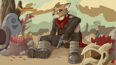 anthro armor candle clothing desert detailed_background female flower footwear gun handgun headgear helmet looking_at_viewer motorcycle_helmet plant ranged_weapon revolver shoes solo tree weapon harkrun laika_aged_through_blood laika_(laika_aged_through_blood) canid canine canis coyote mammal 16:9 4k absurd_res hi_res widescreen