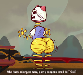 4_fingers anthro big_butt black_eyes blue_clothing blue_shirt blue_topwear bottomless bouncing_butt butt clothed clothing coin dialogue fingers floating_arms floating_feet floating_hands floating_head floating_legs gold_(metal) gold_coin looking_at_viewer looking_back male motion_lines presenting presenting_hindquarters rear_view shirt smile solo talking_to_viewer text topwear white_clothing white_shirt white_topwear netherbunz ena:_dream_bbq ena_(series) kane_(ena) animate_inanimate domestic_cat felid feline felis living_coin mammal 2025 english_text