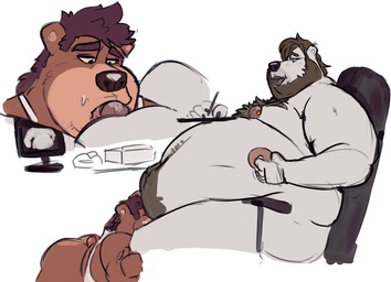 anthro belly big_belly body_hair butt chair chest_tuft clothing computer dessert doughnut drawing_(action) duo eating electronics fellatio food furniture genitals hair happy_trail holding_food holding_object larger_but_small larger_male male male/male nipple_piercing nipples nub_tail nude obese oral overweight overweight_male pastry penile penis piercing sex shirt sitting size_difference small_penis small_penis_penetrator smaller_male tank_top topwear tuft tcw tcw_(character) bear brown_bear mammal polar_bear ursine hi_res