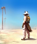 anthro backpack boots brimmed_hat clear_sky climate_change clothing desert dust footwear gloves handwear harness jumpsuit looking_away male post-apocalyptic ruins science_fiction shoes sky solo white_clothing wind_turbine windmill marsonaut burnt_earth beol canid canine canis mammal wolf 2023 5:6 hi_res