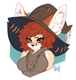 anthro big_ears breasts clothed clothing female fluffy grumpy hair hat headgear headwear inner_ear_fluff jewelry magic_user necklace pouting simple_background solo tuft witch pollo-chan canid canine fennec_fox fox mammal true_fox 2017 digital_media_(artwork) half-length_portrait portrait