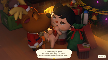 abdominal_bulge animal_genitalia animal_penis anthro black_hair bodily_fluids brown_eyes christmas_clothing christmas_tree clothing dialogue duo equine_genitalia equine_penis eyes_closed featureless_hands female flat_chested gameplay_mechanics genital_fluids genitals hair holidays human_on_anthro inside interspecies male penetration penis plant text tree vaginal vaginal_fluids vaginal_penetration owo_sfm animal_crossing christmas nintendo jingle_(animal_crossing) villager_(animal_crossing) deer human humanoid mammal new_world_deer reindeer 3d_(artwork) absurd_res digital_media_(artwork) english_text hi_res source_filmmaker_(artwork) adult_(lore)