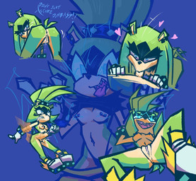 abdominal_bulge anthro anus barbell_piercing black_body black_fur black_nose blue_background blue_eyes bracelet butt clothing dialogue disembodied_hand disembodied_penis ear_piercing eyelashes fellatio female front_view fur genitals gloves green_body green_fur handwear heart_symbol jewelry long_eyelashes male male/female motion_lines nipple_piercing nipples nude oral penile penis piercing presenting presenting_hindquarters rear_view ring sex sharp_teeth simple_background solo spread_legs spreading studded_bracelet studded_jewelry studs tan_body tan_fur teeth text vulva white_clothing white_gloves white_handwear mrguardianeye idw_publishing sega sonic_the_hedgehog_(comics) sonic_the_hedgehog_(idw) sonic_the_hedgehog_(series) surge_the_tenrec afrosoricid mammal tenrec english_text hi_res