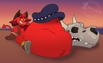 abdominal_bulge after_vore anthro belly big_belly biped black_nose bodily_fluids bone bone_disposal boots bottomless bottomless_male bune_(kings_of_hell) clothed clothing cowboy_hat death demon digestion dragon fatal_vore footwear fur gloves gremile_'hotshot' handwear hat headgear headwear hi_res horn huge_belly imp kerchief kings_of_hell larger_prey male mythological_creature mythological_scalie mythology red_body red_eyes red_fur scalie sheepish_grin shoes short_male short_stack simple_background size_difference skull smaller_male smaller_pred solo solo_focus spade_tail sweat sweatdrop tail vore yellow_sclera zopilotemenu