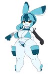 a_pose anthro armwear big_breasts bikini bikini_bottom bikini_top blue_bikini blue_clothing blue_ears blue_hair blue_swimwear breasts clothed clothed_anthro clothed_female clothing female front_view hair looking_at_viewer mouth_closed navel pose round_tail simple_background solo string_bikini swimwear thick_thighs two-piece_swimsuit white_background yellow_sclera gyrbdark jade_rabbit_(gyrbdark) lagomorph leporid mammal rabbit 2024 digital_drawing_(artwork) digital_media_(artwork) hi_res
