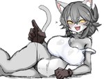 5_fingers :3 anthro big_breasts biped blush bodily_fluids breasts clothing clothing_pull cute_fangs female female_anthro fingers glistening glistening_body gloves grey_body grey_hair hair handwear inner_ear_fluff kemono open_:3 open_mouth pupils shirt slit_pupils solo sweat tank_top thong topwear tuft underwear underwear_pull white_clothing white_shirt white_tank_top white_topwear yellow_sclera kamen_no_hito kumamine safety_cat genba_neko domestic_cat felid feline felis mammal 4:3 colored_sketch hi_res sketch