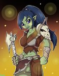 axe barbarian black_hair breasts clothed clothing edgarkingmaker female green_body green_skin hair humanoid long_hair melee_weapon not_furry orc purple_eyes solo tagme weapon