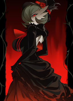 breasts clothing dress female flower green_hair hair hat headgear headwear looking_at_viewer open_back_dress plant red_background red_eyes rose_(flower) simple_background solo white_body chunniwa nintendo pokemon gardevoir generation_3_pokemon humanoid pokemon_(species) absurd_res hi_res