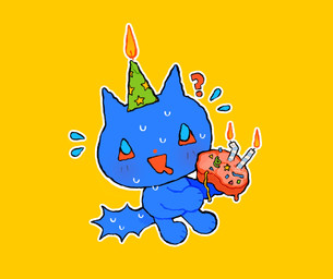 ambiguous_gender anthro birthday_cake blue_body blue_fur blush blush_lines cake candle candlelight chibi clothing dessert food fur hat headgear headwear light nervous nervous_smile open_mouth party_hat question_mark solo superflat cottonsprout domestic_cat felid feline felis mammal russian_blue hi_res