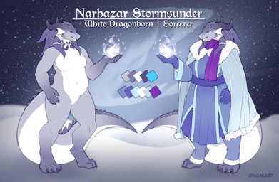 anthro biped cloak clothed clothing gloves grey_body grey_scales handwear horn magic male male_anthro scales scarf simple_background smile solo standing stocky tail tendrils white_body white_scales winter onomari dungeons_and_dragons hasbro mythology wizards_of_the_coast dragon dragonborn_(dnd) mythological_creature mythological_scalie reptile scalie digital_media_(artwork) hi_res model_sheet