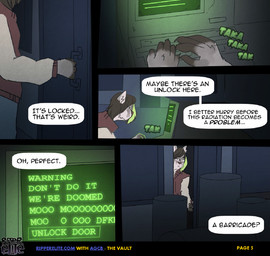 anthro bottomwear brown_hair clothed clothing computer denim denim_bottomwear denim_clothing detailed_background dialogue electronics eyewear fur glasses green_highlights grey_body grey_fur hair highlights_(coloring) inside jacket jeans male markings pants satchel solo spots spotted_body spotted_fur standing text topwear ripperelite fallout microsoft felid mammal pantherine snow_leopard comic english_text url
