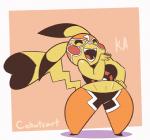 anthro anthrofied biped breast_jiggle breasts cleft_tail clothed clothing cosplay_pikachu_(costume) costume eyes_closed female jiggling laugh mask midriff navel ojou_laugh open_mouth open_smile pokemon_speak pokemorph short_stack simple_background smile smug solo tail text tongue wide_hips yellow_body yellow_skin cobatsart nintendo pokemon chica_(cobat) cosplay_pikachu_(character) fan_character pikachu_libre generation_1_pokemon mammal pikachu pokemon_(species) rodent 2018 2d_animation animated digital_media_(artwork) english_text motion_tweening short_playtime signature