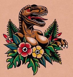 anthro breasts claws female fern flower open_mouth plant solo tattoo_design tongue yellow_sclera upai dinosaur prehistoric_species reptile saurischian scalie theropod tyrannosaurid tyrannosauroid tyrannosaurus tyrannosaurus_rex hi_res