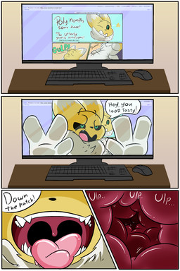 anthro black_sclera breaking_the_fourth_wall computer electronics female female_pred internal prey_pov solo text tongue tongue_out uvula vore the_hookaloof bandai_namco digimon poly_(hookaloof) digimon_(species) renamon 2:3 absurd_res comic english_text hi_res